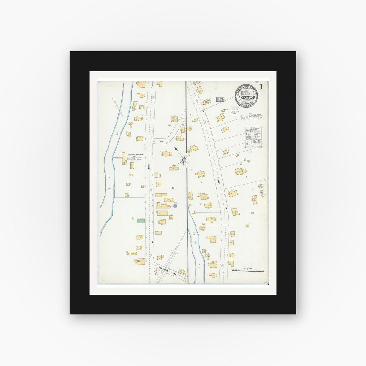 Old map wall art mockup — black gallery frame with white mat — Sanborn Fire Insurance Map from Lanesboro, Susquehanna County, Pennsylvania (1904) - Complete Map Set