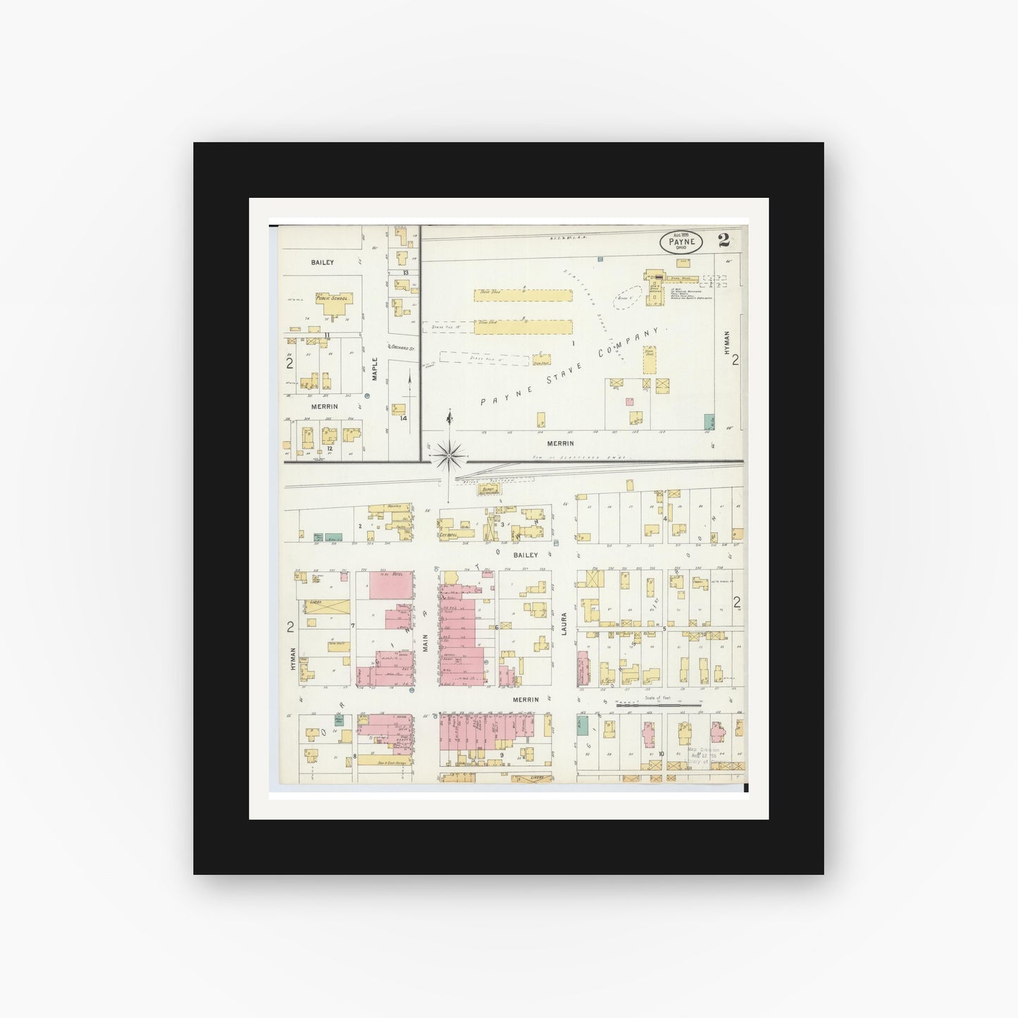 Old map wall art mockup — black gallery frame with white mat — Sanborn Fire Insurance Map from Payne, Paulding County, Ohio (1899), Sheet #0002