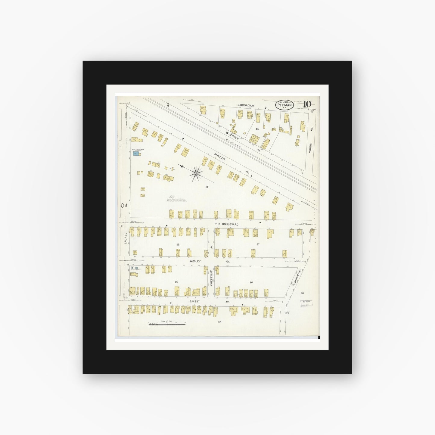 Old map wall art mockup — black gallery frame with white mat — Sanborn Fire Insurance Map from Pitman, Gloucester County, New Jersey (1908), Sheet #0010