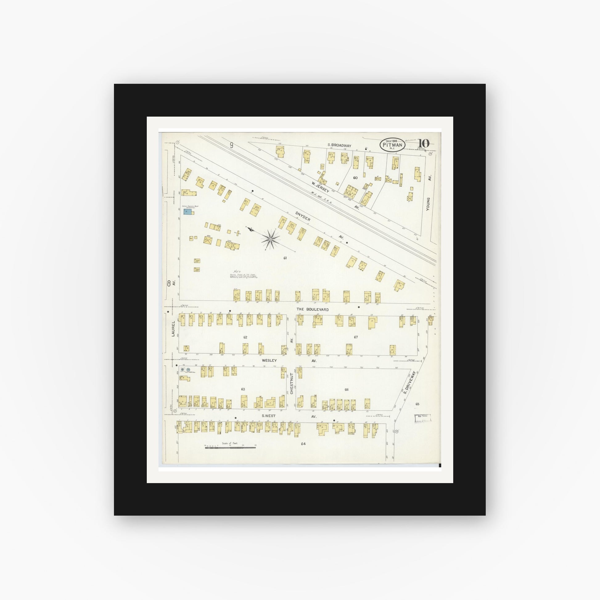 Old map wall art mockup — black gallery frame with white mat — Sanborn Fire Insurance Map from Pitman, Gloucester County, New Jersey (1908), Sheet #0010