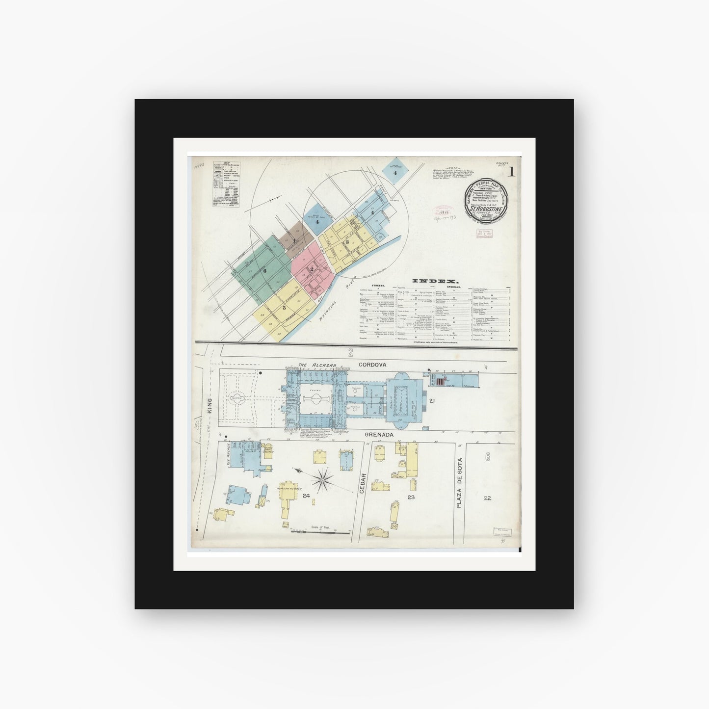 Old map wall art mockup — black gallery frame with white mat — Sanborn Fire Insurance Map from Saint Augustine, Saint John's County, Florida (1893), Sheet #0001