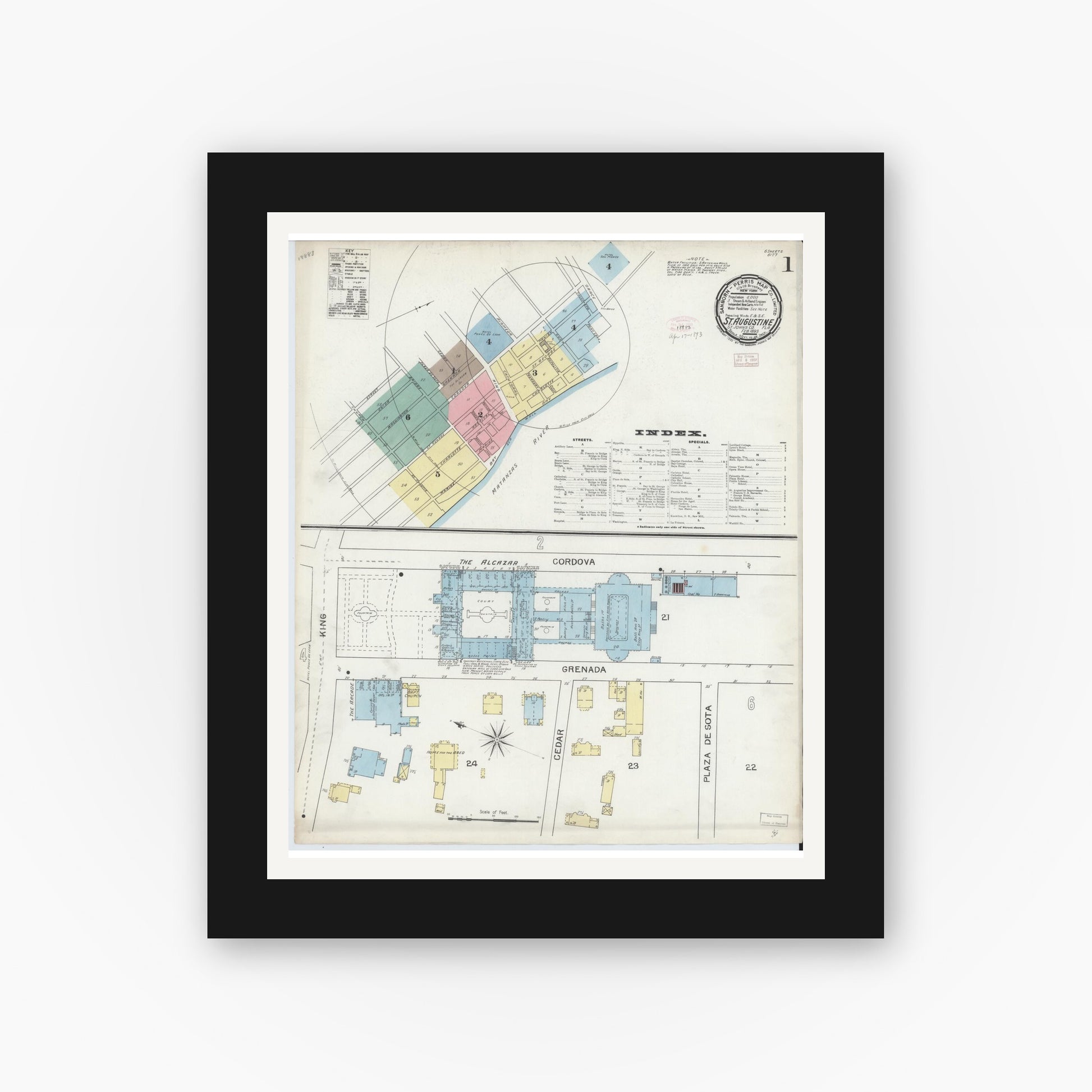 Old map wall art mockup — black gallery frame with white mat — Sanborn Fire Insurance Map from Saint Augustine, Saint John's County, Florida (1893), Sheet #0001