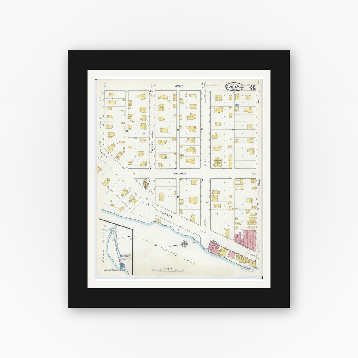 Old map wall art mockup — black gallery frame with white mat — Sanborn Fire Insurance Map from Granite Falls, Yellow Medicine And Chippewa Counties, Minnesota (1917), Sheet #0003