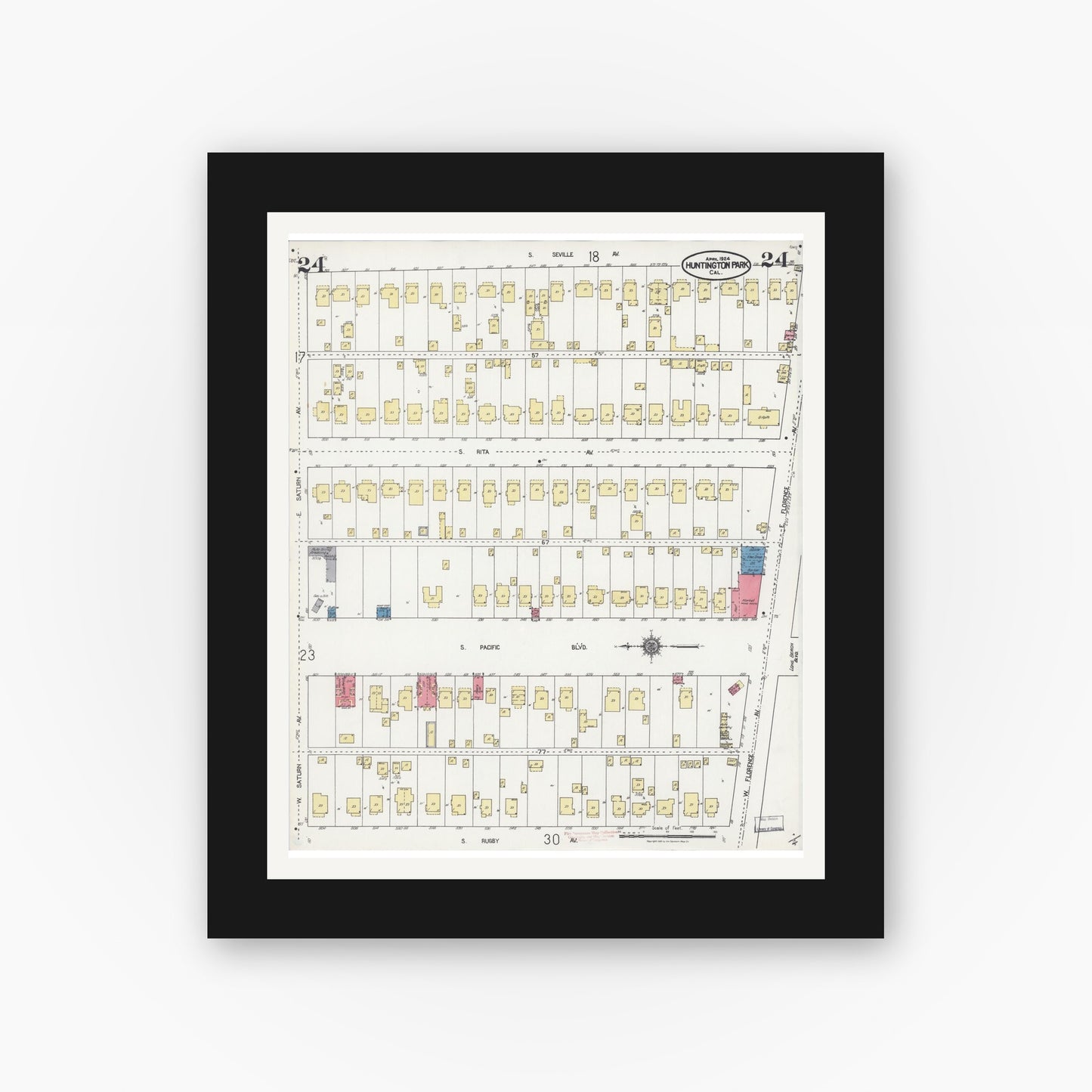 Old map wall art mockup — black gallery frame with white mat — Sanborn Fire Insurance Map from Huntington Park, Los Angeles County, California (1924), Sheet #0024