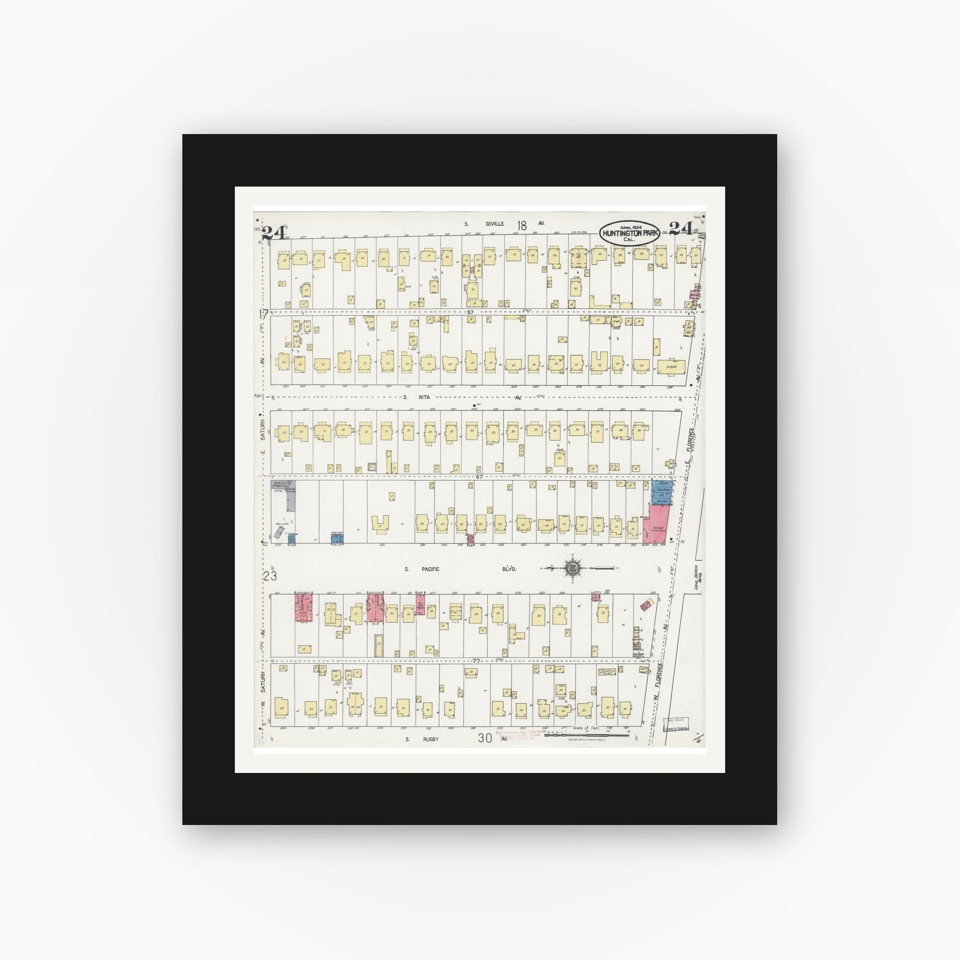 Old map wall art mockup — black gallery frame with white mat — Sanborn Fire Insurance Map from Huntington Park, Los Angeles County, California (1924), Sheet #0024