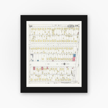 Old map wall art mockup — black gallery frame with white mat — Sanborn Fire Insurance Map from Huntington Park, Los Angeles County, California (1924), Sheet #0024
