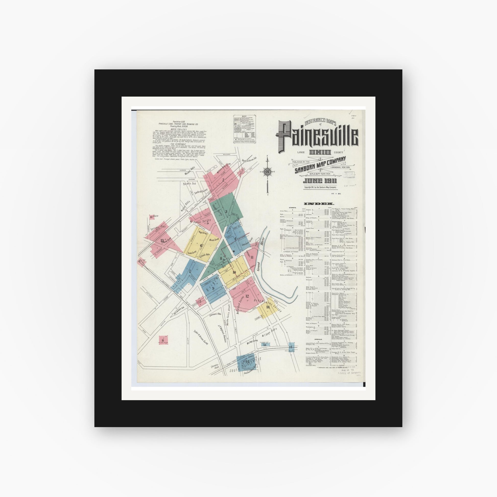 Old map wall art mockup — black gallery frame with white mat — Sanborn Fire Insurance Map from Painesville, Lake County, Ohio (1911) - Complete Map Set