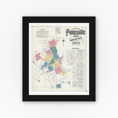 Old map wall art mockup — black gallery frame with white mat — Sanborn Fire Insurance Map from Painesville, Lake County, Ohio (1911) - Complete Map Set