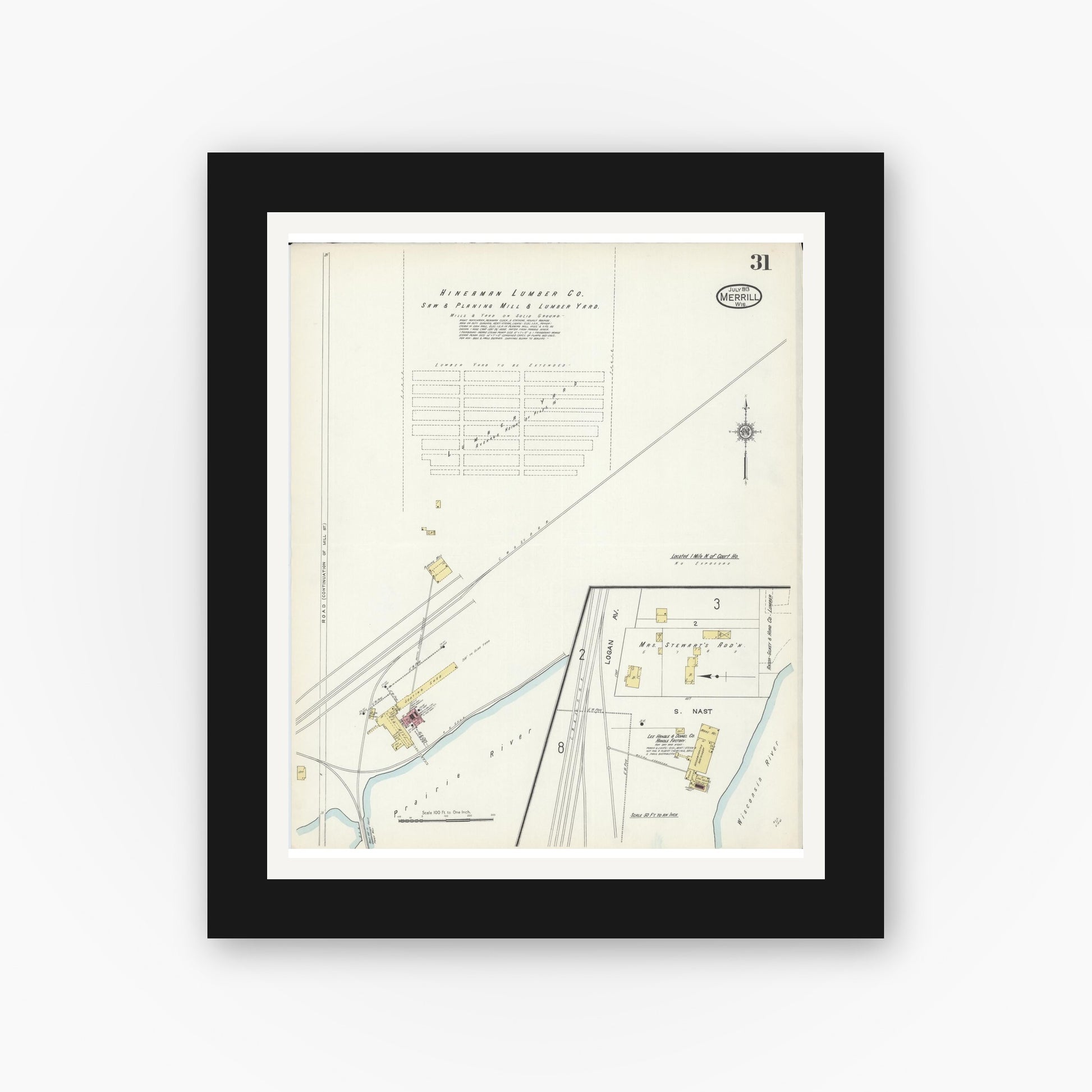 Old map wall art mockup — black gallery frame with white mat — Sanborn Fire Insurance Map from Merrill, Lincoln County, Wisconsin (1913), Sheet #0031