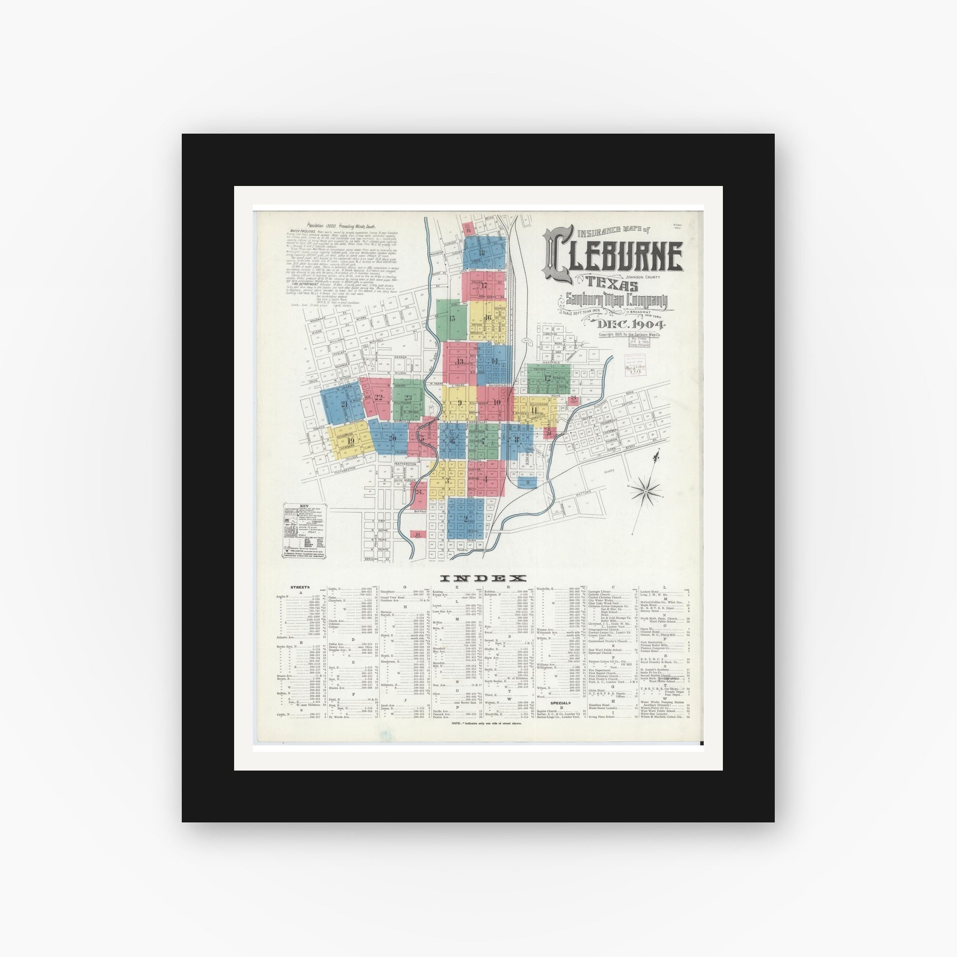Old map wall art mockup — black gallery frame with white mat — Sanborn Fire Insurance Map from Cleburne, Johnson County, Texas (1904), Sheet #0001