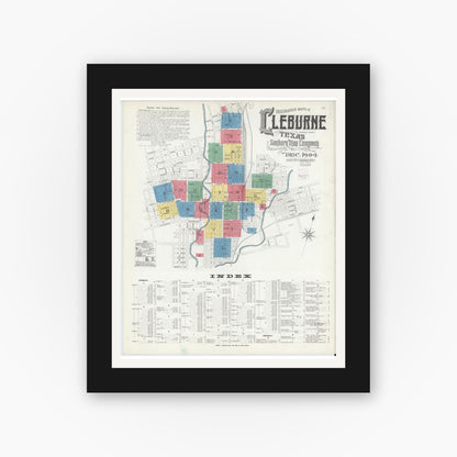 Old map wall art mockup — black gallery frame with white mat — Sanborn Fire Insurance Map from Cleburne, Johnson County, Texas (1904), Sheet #0001