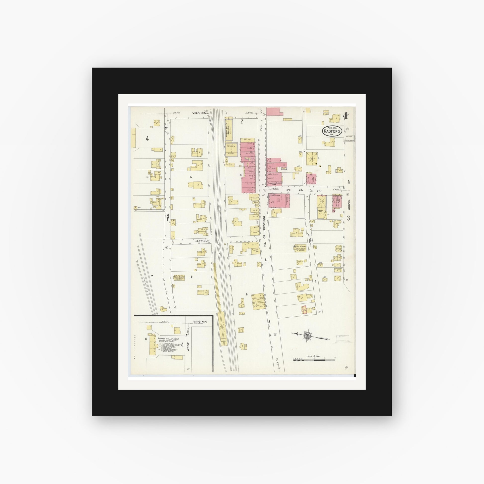 Old map wall art mockup — black gallery frame with white mat — Sanborn Fire Insurance Map from Radford, Independent Cities, Virginia (1913), Sheet #0004
