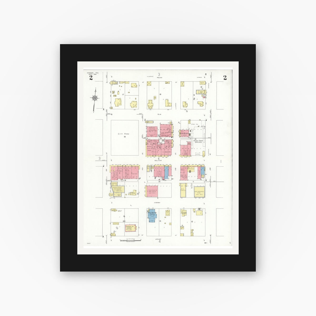 Old map wall art mockup — black gallery frame with white mat — Sanborn Fire Insurance Map from Sanger, Denton County, Texas (1935), Sheet #0002