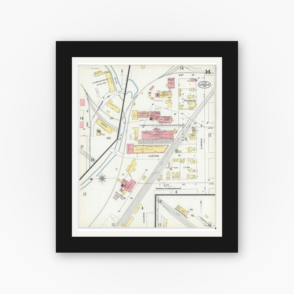 Old map wall art mockup — black gallery frame with white mat — Sanborn Fire Insurance Map from Goshen, Elkhart County, Indiana (1901), Sheet #0014