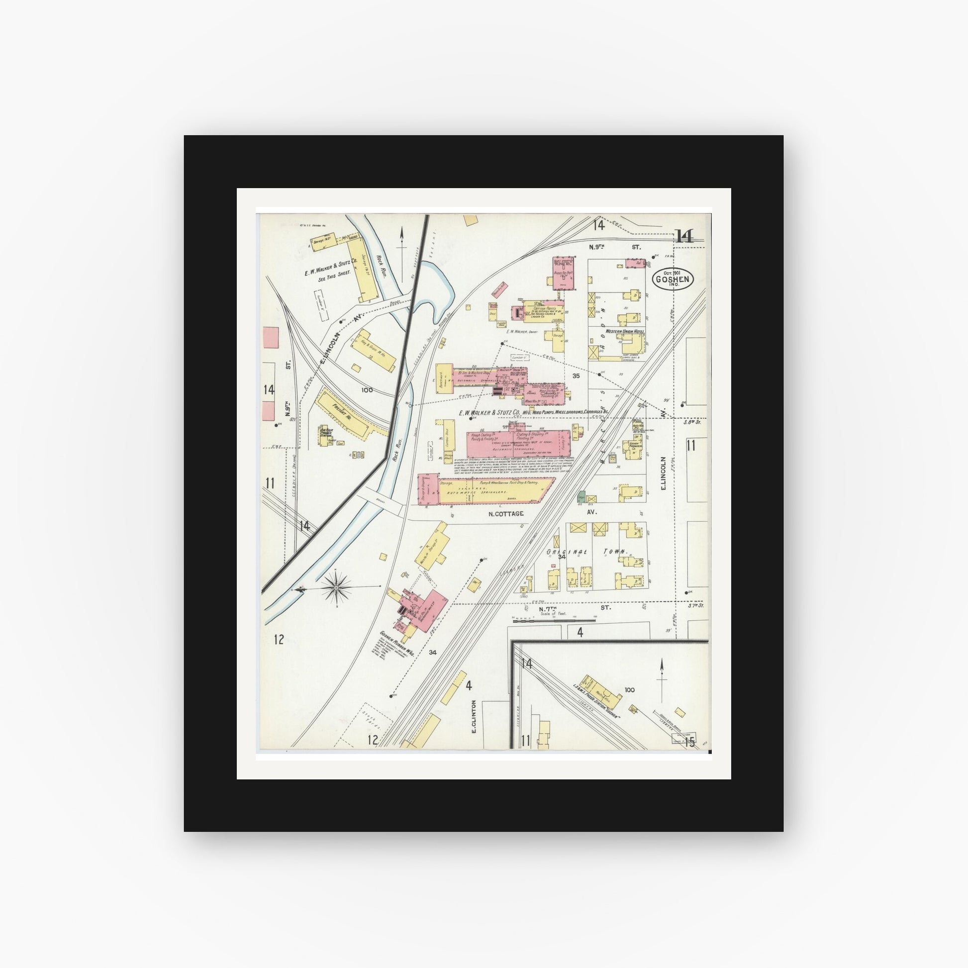 Old map wall art mockup — black gallery frame with white mat — Sanborn Fire Insurance Map from Goshen, Elkhart County, Indiana (1901), Sheet #0014