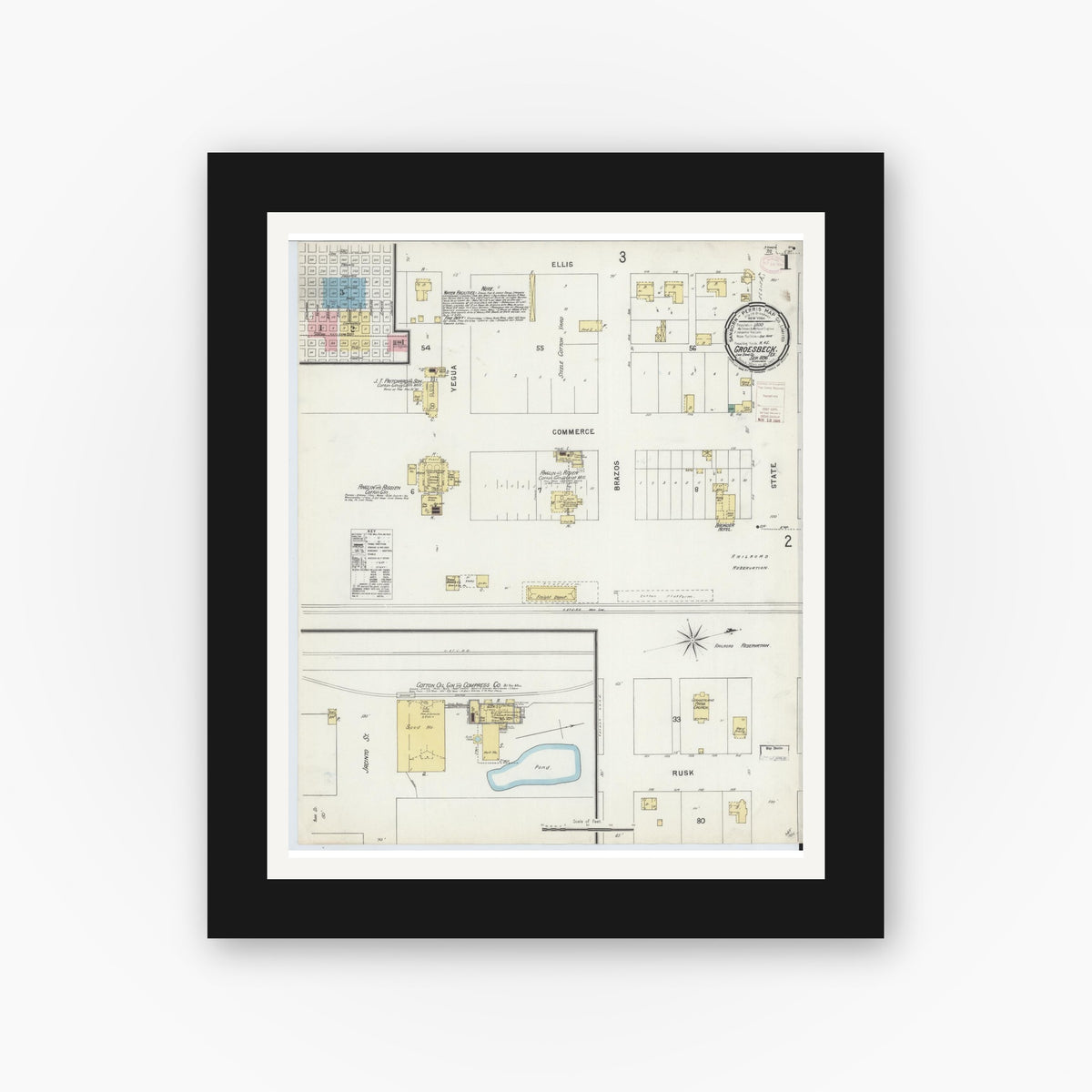 Old map wall art mockup — black gallery frame with white mat — Sanborn Fire Insurance Map from Groesbeck, Limestone County, Texas (1896), Sheet #0001
