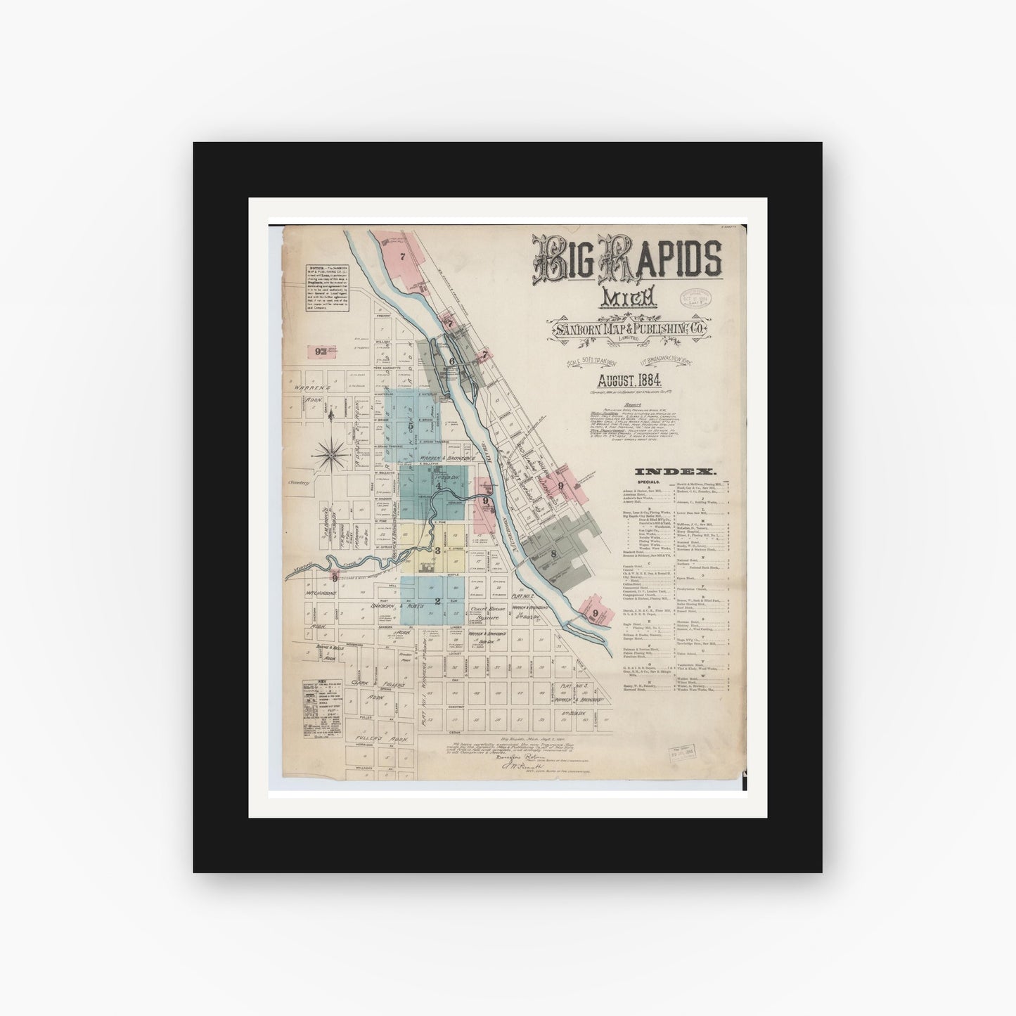 Old map wall art mockup — black gallery frame with white mat — Sanborn Fire Insurance Map from Big Rapids, Mecosta County, Michigan (1884) - Complete Map Set