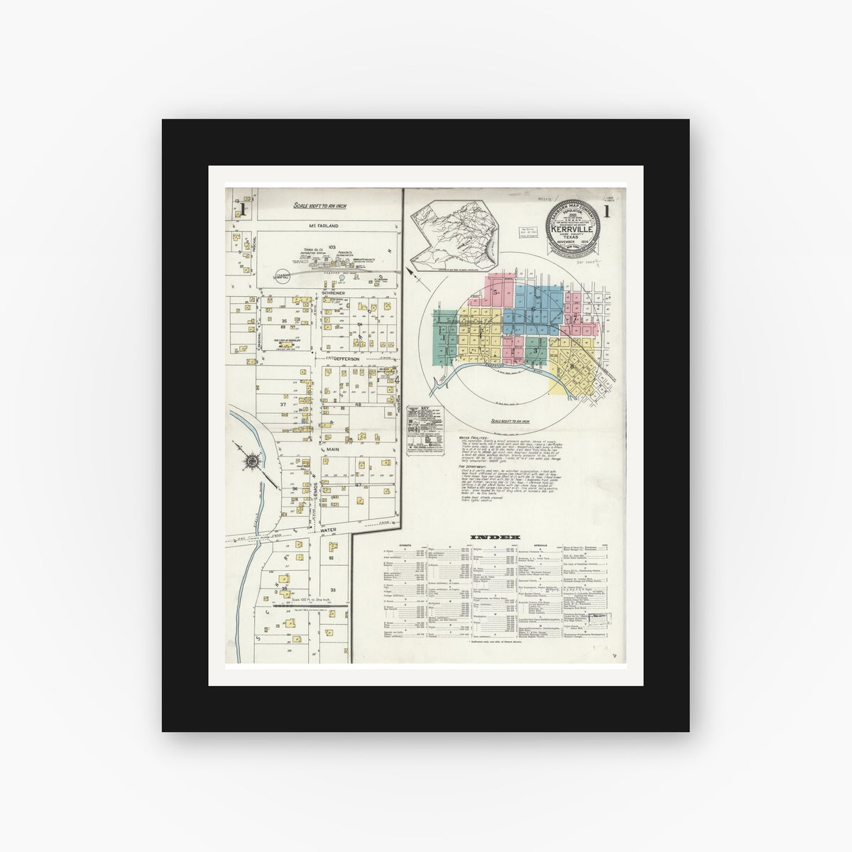 Old map wall art mockup — black gallery frame with white mat — Sanborn Fire Insurance Map from Kerrville, Kerr County, Texas (1924) - Complete Map Set