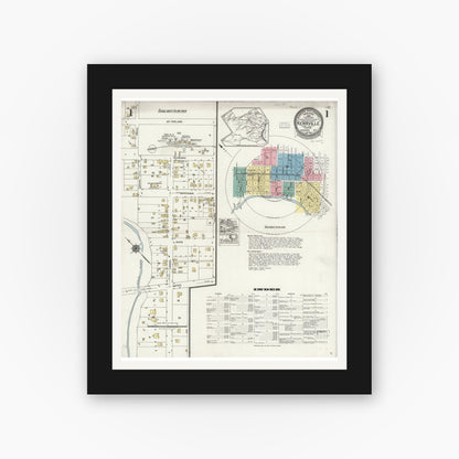 Old map wall art mockup — black gallery frame with white mat — Sanborn Fire Insurance Map from Kerrville, Kerr County, Texas (1924) - Complete Map Set