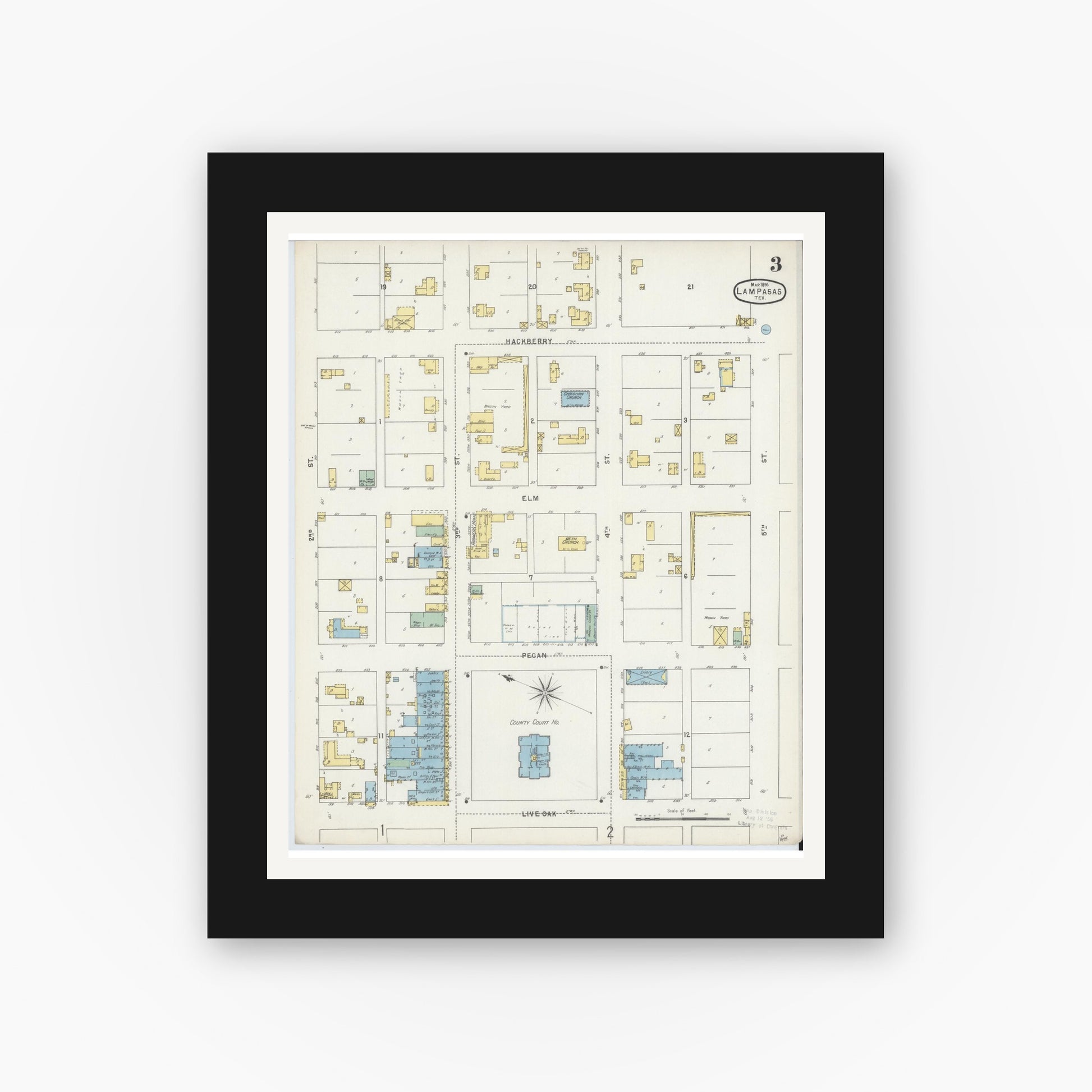 Old map wall art mockup — black gallery frame with white mat — Sanborn Fire Insurance Map from Lampasas, Lampasas County, Texas (1896), Sheet #0003