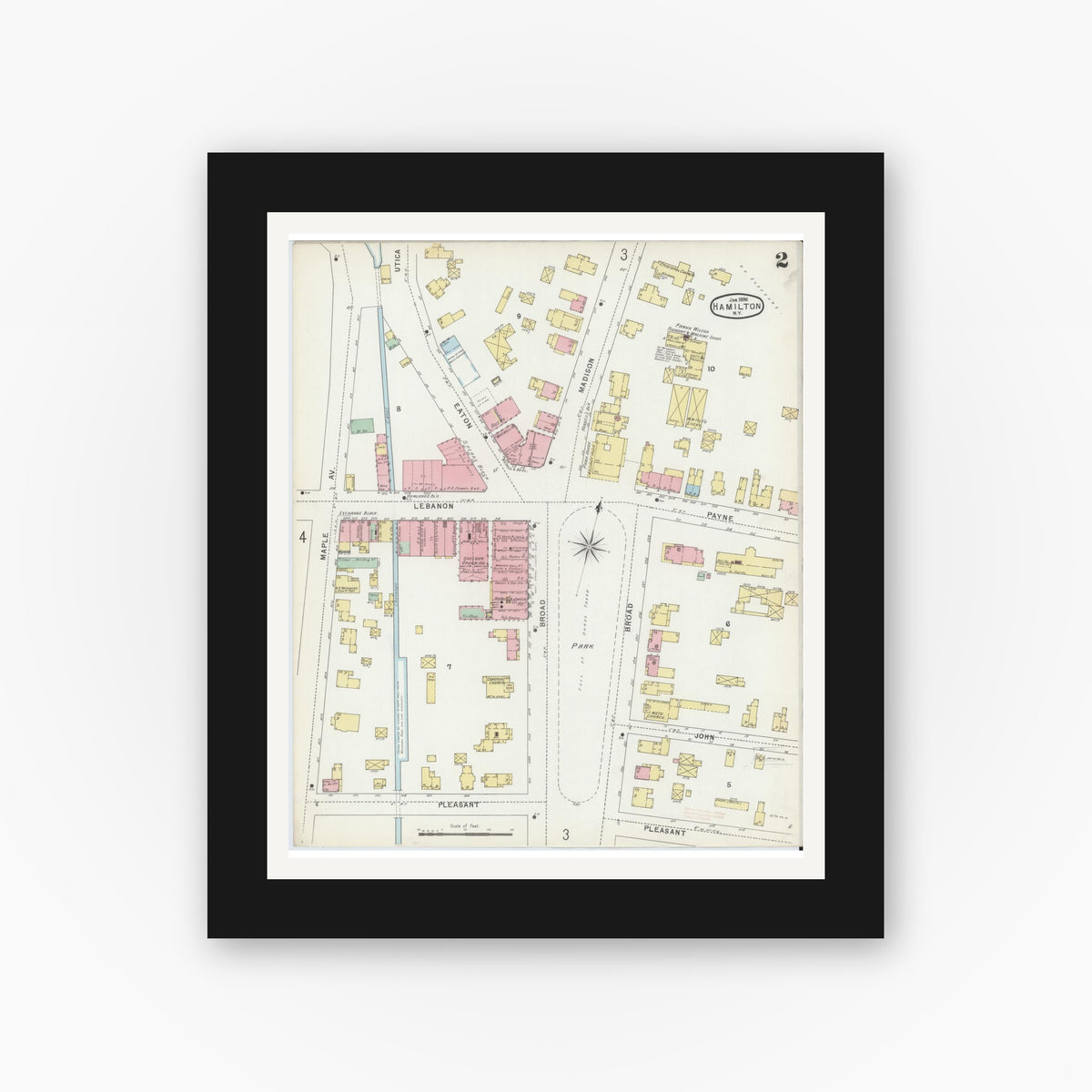 Old map wall art mockup — black gallery frame with white mat — Sanborn Fire Insurance Map from Hamilton, Madison County, New York (1896), Sheet #0002