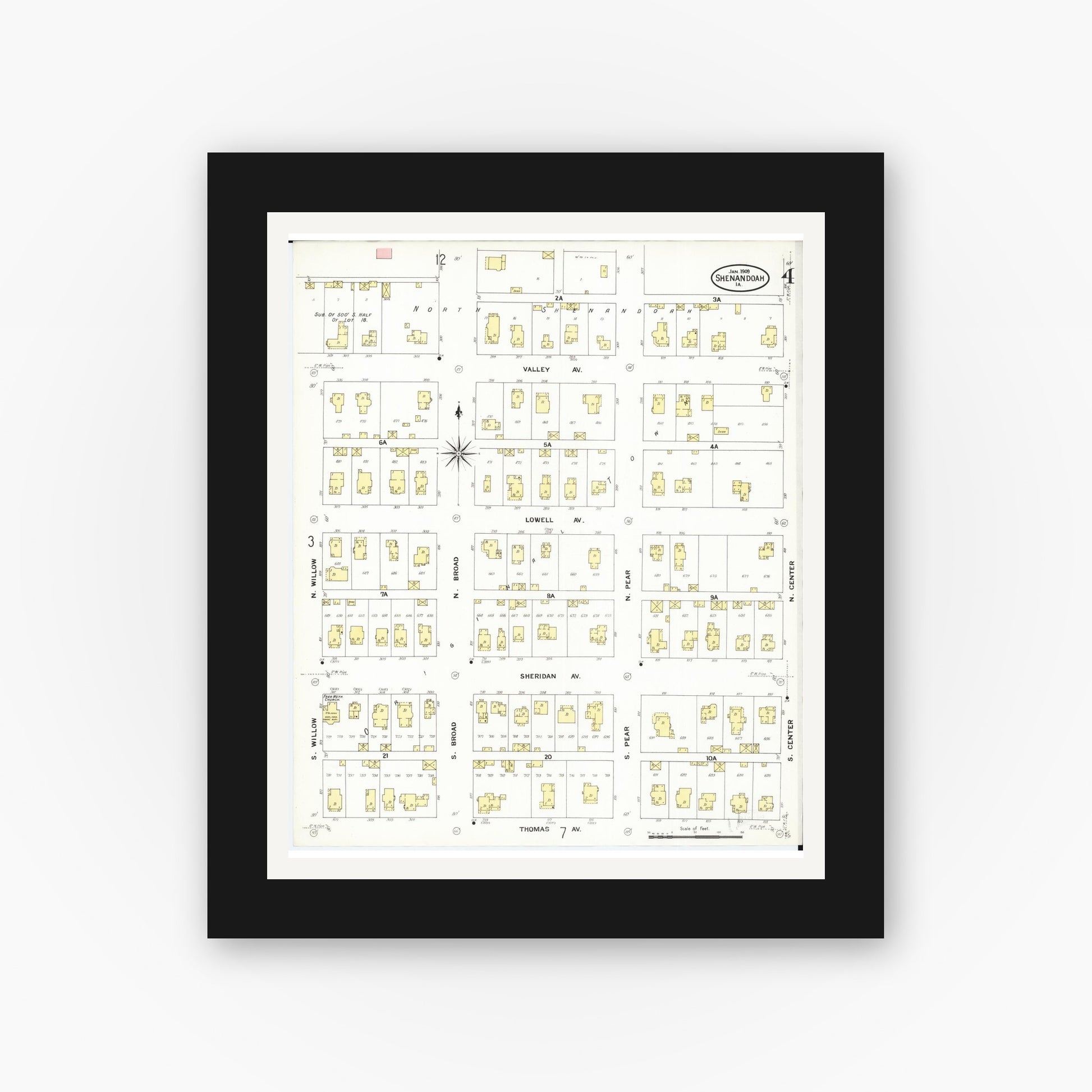 Old map wall art mockup — black gallery frame with white mat — Sanborn Fire Insurance Map from Shenandoah, Page County, Iowa (1909), Sheet #0004