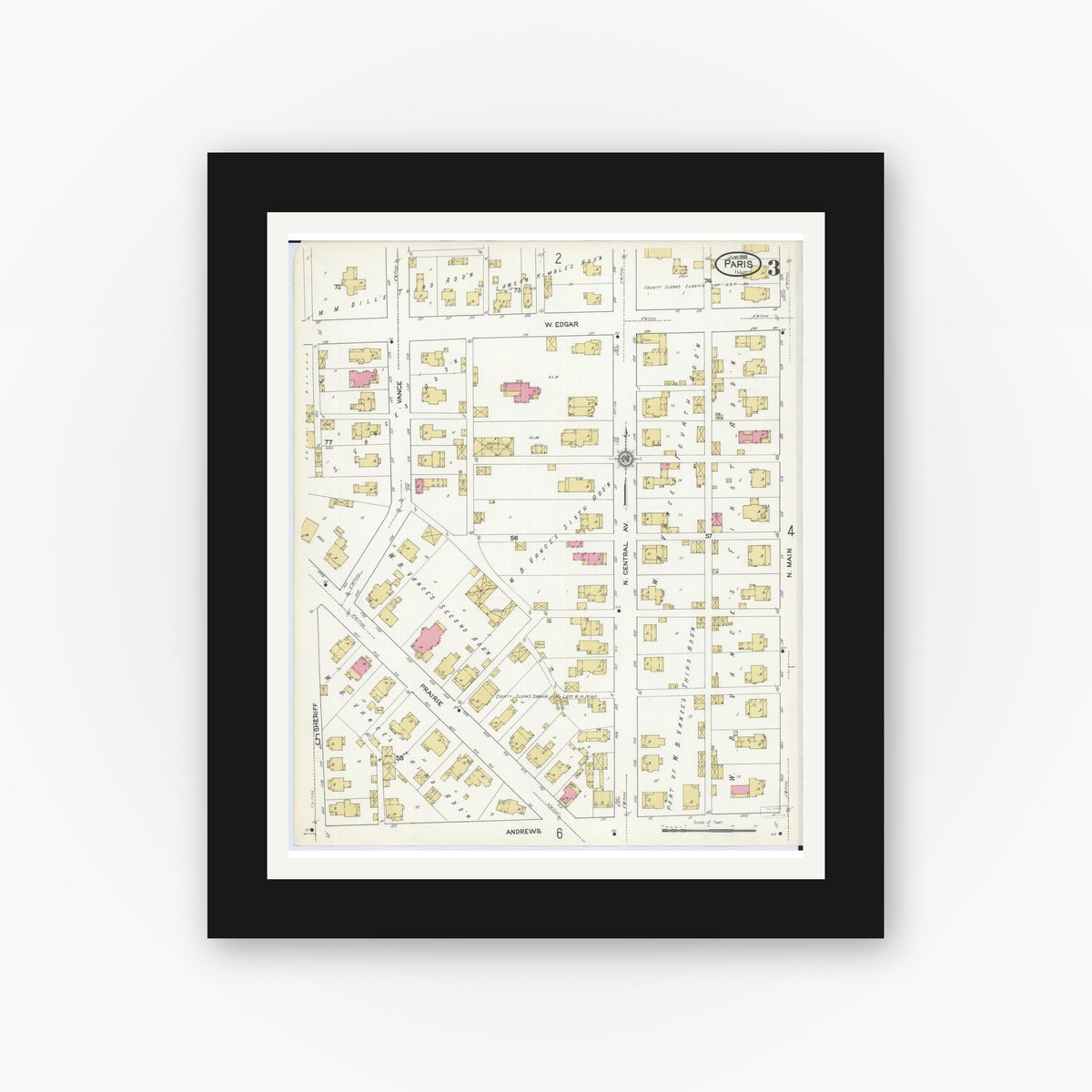 Old map wall art mockup — black gallery frame with white mat — Sanborn Fire Insurance Map from Paris, Edgar County, Illinois (1916), Sheet #0003