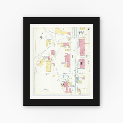 Old map wall art mockup — black gallery frame with white mat — Sanborn Fire Insurance Map from Massillon, Stark County, Ohio (1908), Sheet #0013