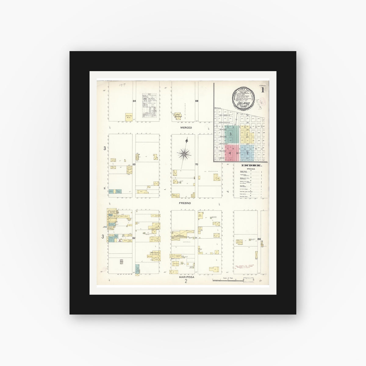 Old map wall art mockup — black gallery frame with white mat — Sanborn Fire Insurance Map from Delano, Kern County, California (1896) - Complete Map Set