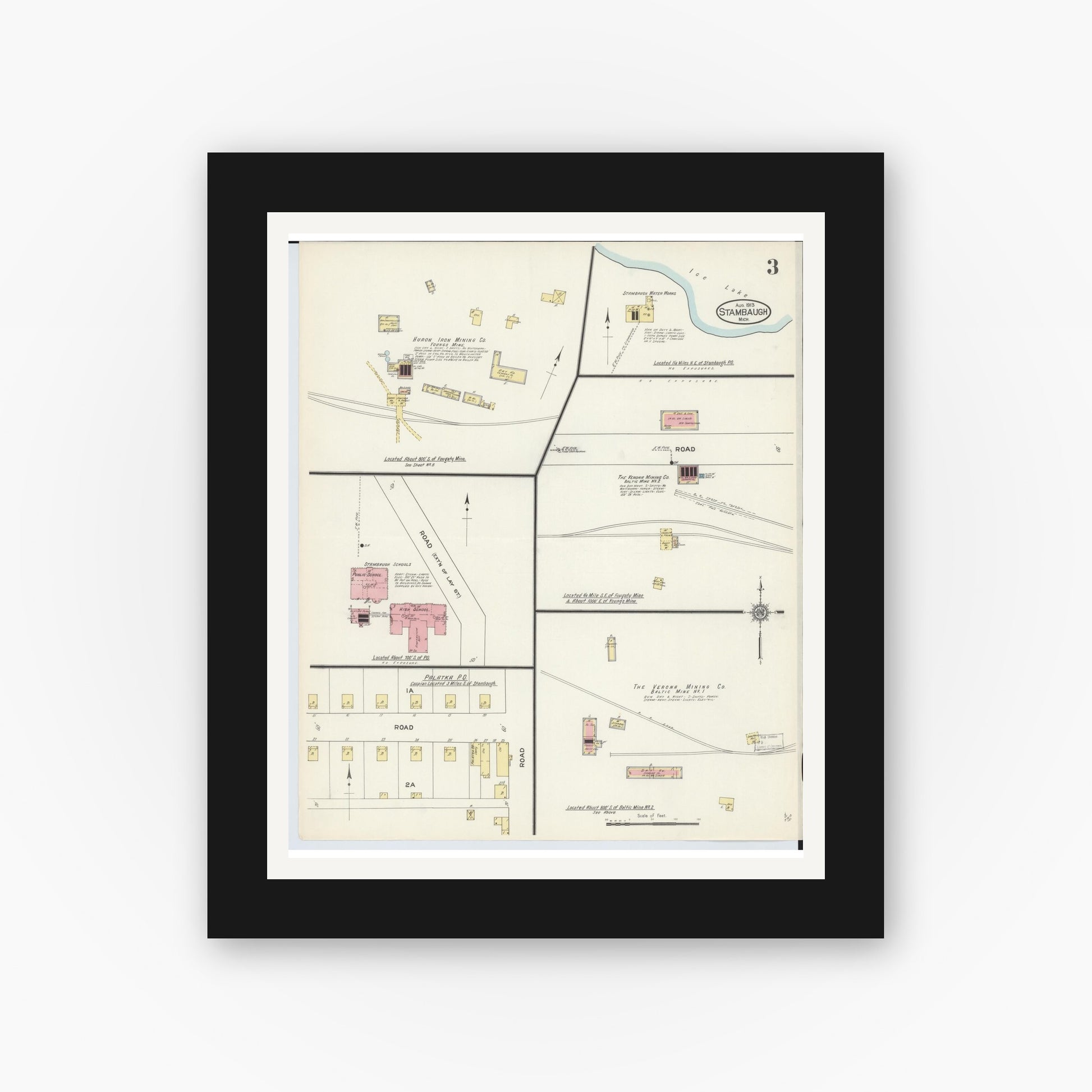 Old map wall art mockup — black gallery frame with white mat — Sanborn Fire Insurance Map from Stambaugh, Iron County, Michigan (1913), Sheet #0003