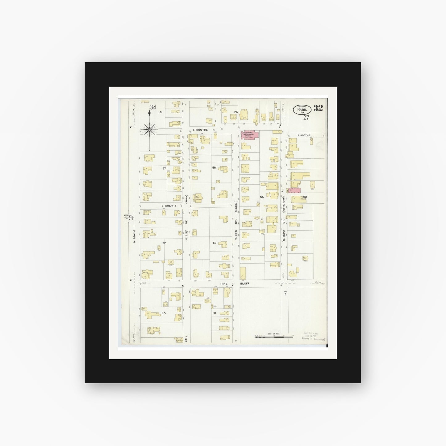 Old map wall art mockup — black gallery frame with white mat — Sanborn Fire Insurance Map from Paris, Lamar County, Texas (1908), Sheet #0032