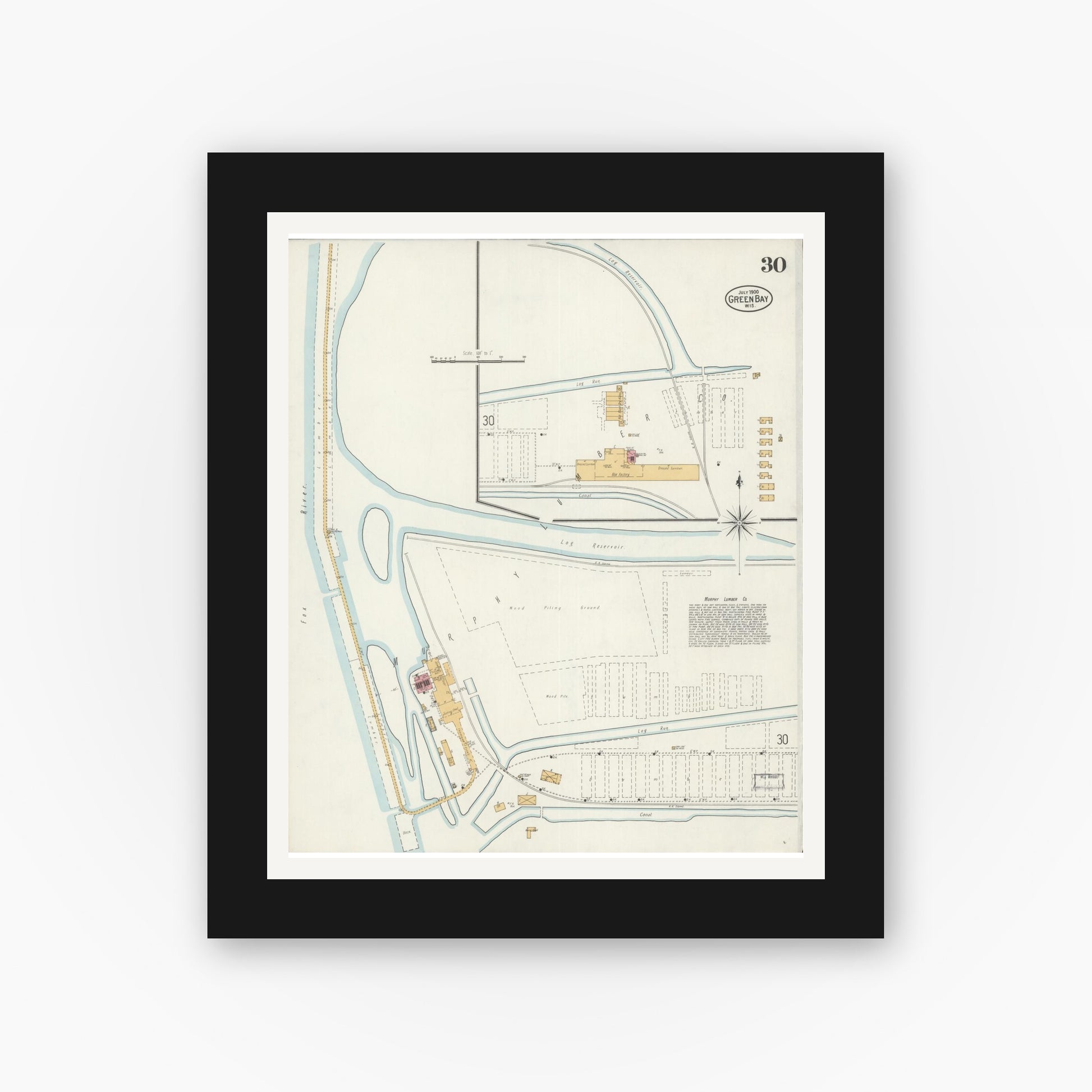 Old map wall art mockup — black gallery frame with white mat — Sanborn Fire Insurance Map from Green Bay, Brown County, Wisconsin (1900), Sheet #0030