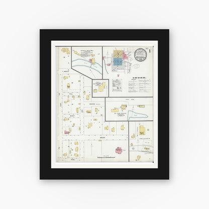 Old map wall art mockup — black gallery frame with white mat — Sanborn Fire Insurance Map from Keytesville, Chariton County, Missouri (1899), Sheet #0001