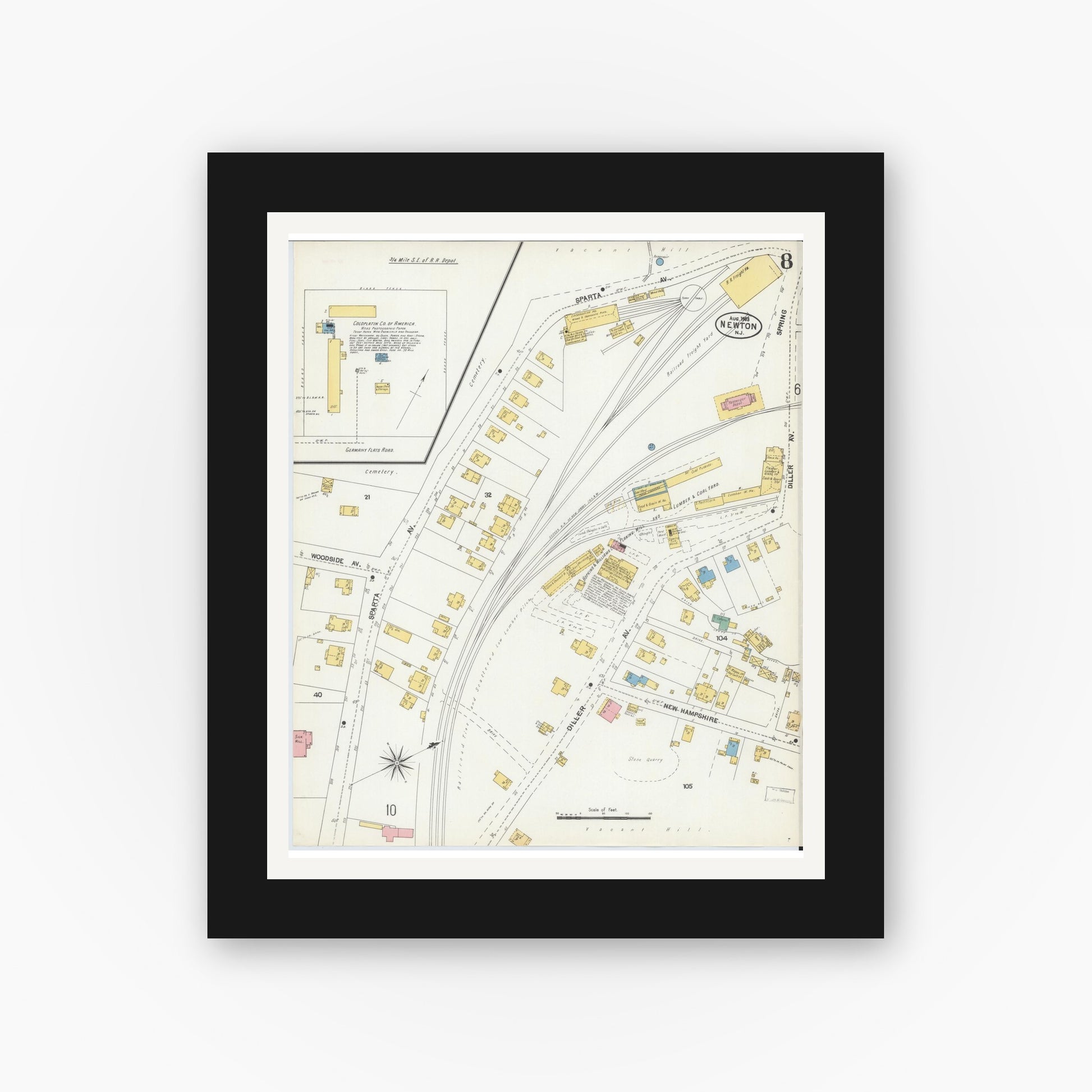 Old map wall art mockup — black gallery frame with white mat — Sanborn Fire Insurance Map from Newton, Sussex County, New Jersey (1903), Sheet #0008