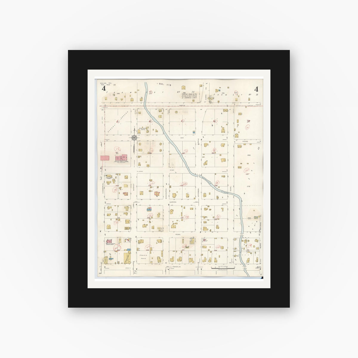 Old map wall art mockup — black gallery frame with white mat — Sanborn Fire Insurance Map from Goliad, Goliad County, Texas (1944), Sheet #0004