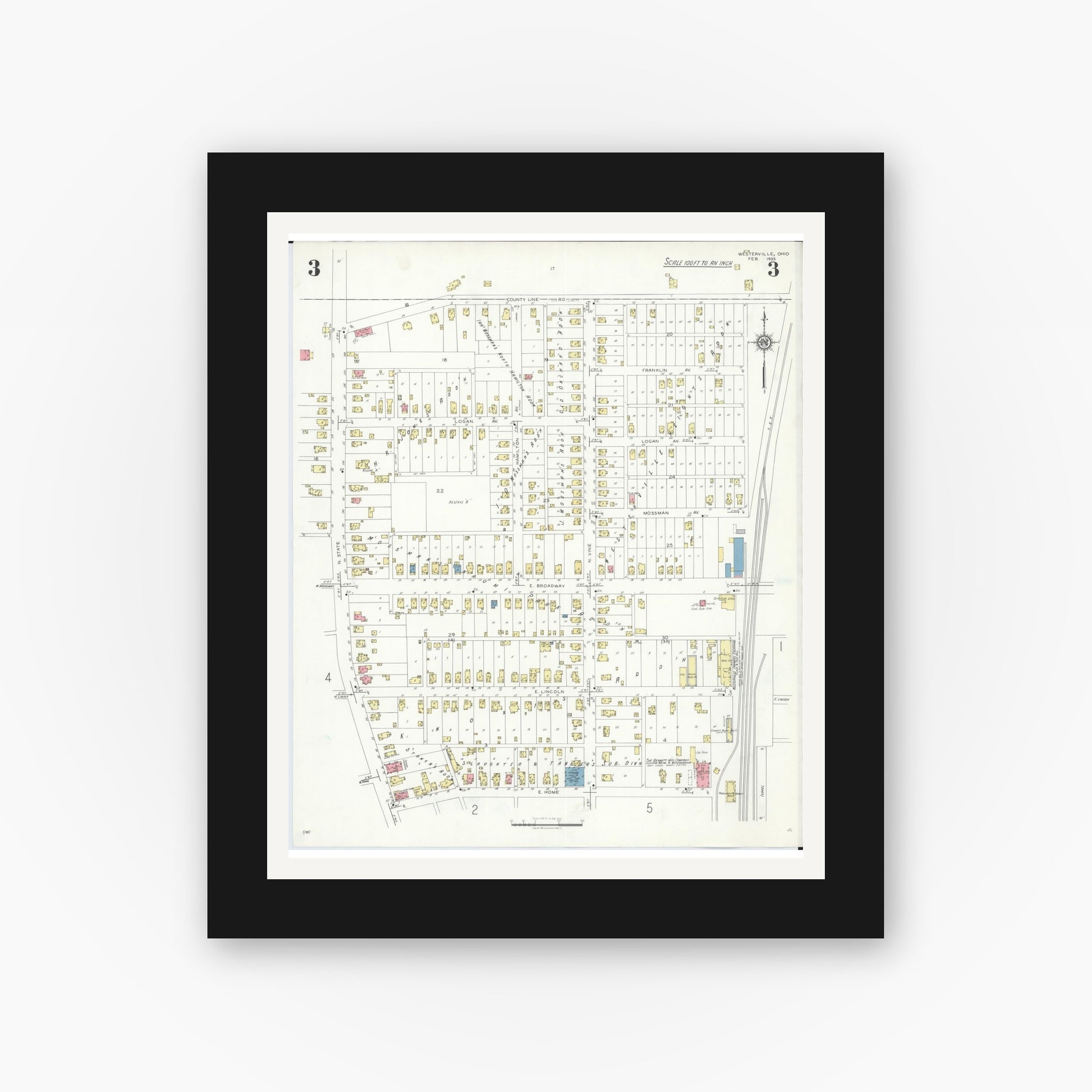 Old map wall art mockup — black gallery frame with white mat — Sanborn Fire Insurance Map from Westerville, Franklin County, Ohio (1933), Sheet #0003