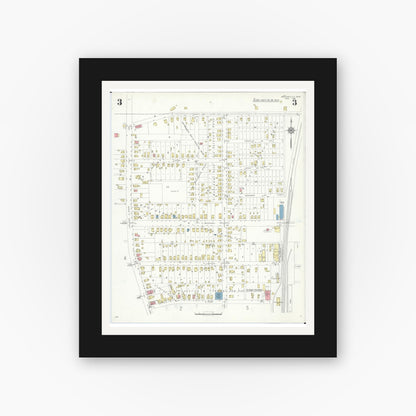 Old map wall art mockup — black gallery frame with white mat — Sanborn Fire Insurance Map from Westerville, Franklin County, Ohio (1933), Sheet #0003