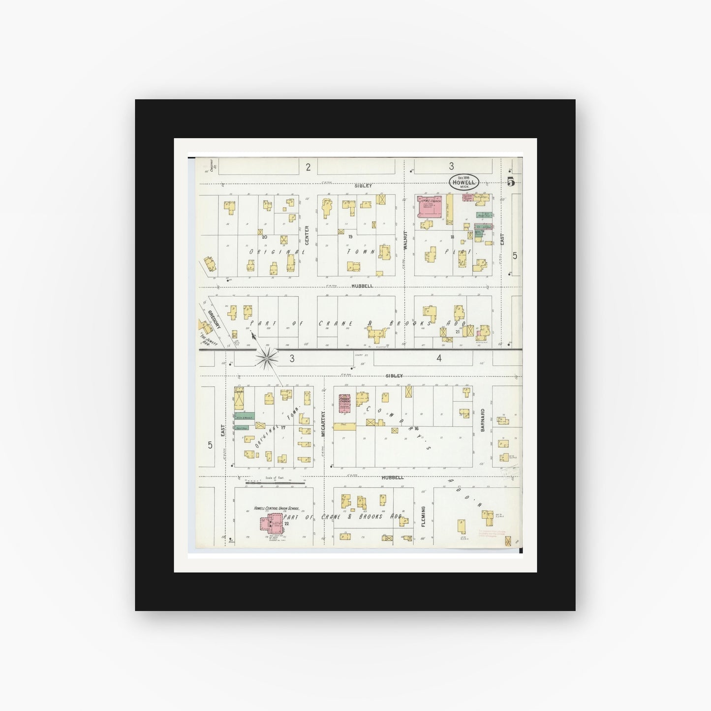 Old map wall art mockup — black gallery frame with white mat — Sanborn Fire Insurance Map from Howell, Livingston County, Michigan (1899), Sheet #0005