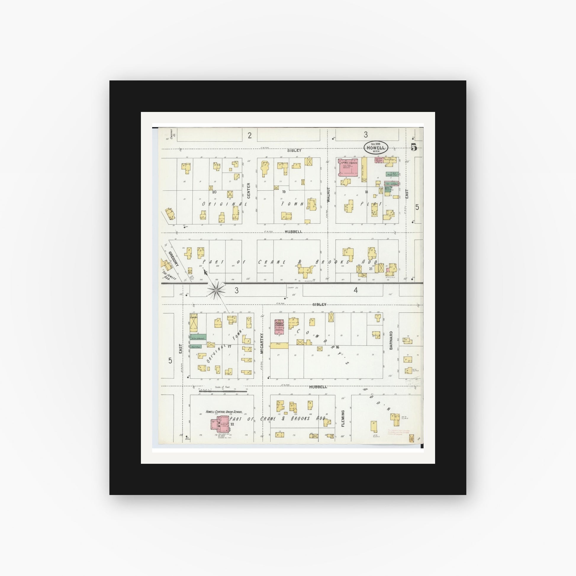 Old map wall art mockup — black gallery frame with white mat — Sanborn Fire Insurance Map from Howell, Livingston County, Michigan (1899), Sheet #0005