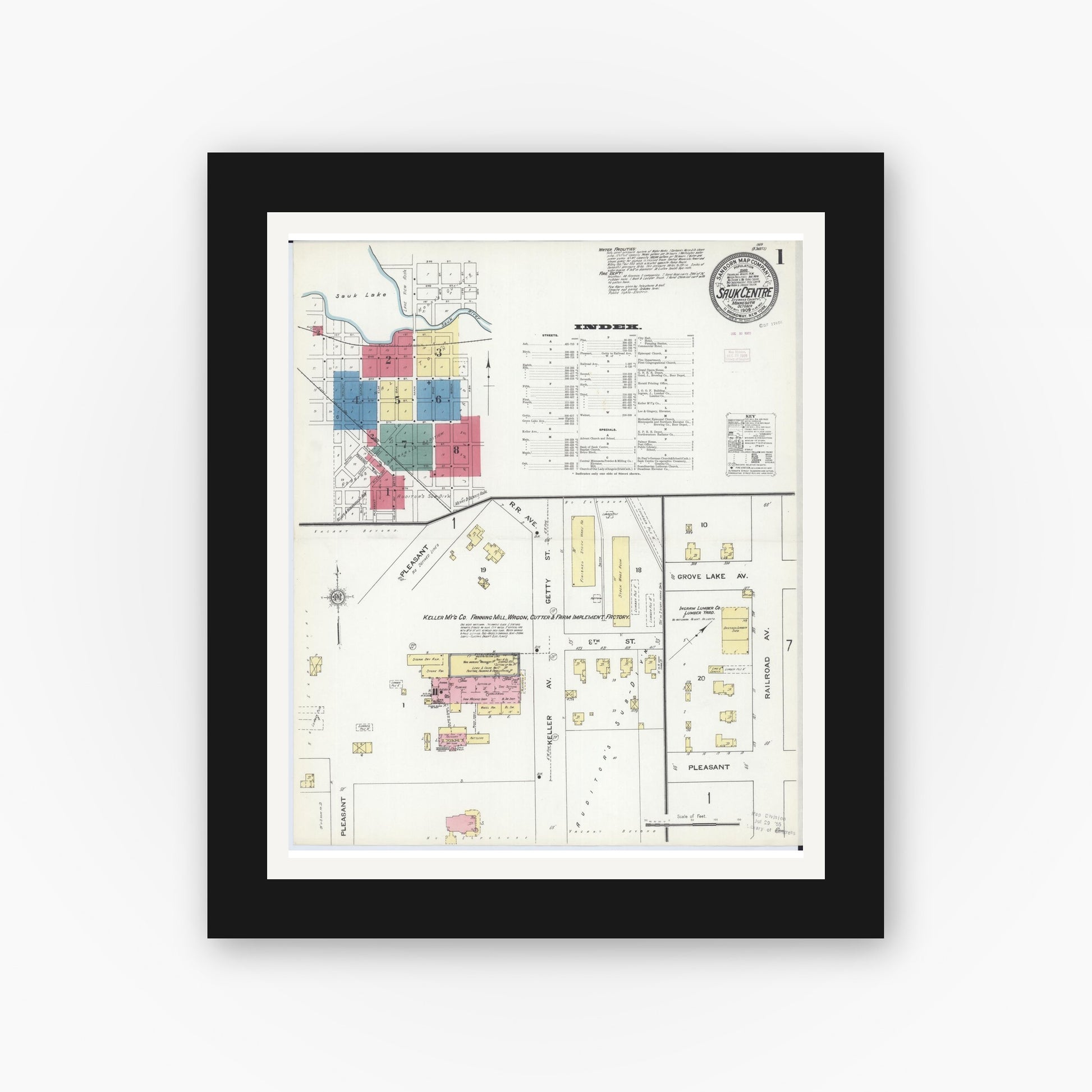 Old map wall art mockup — black gallery frame with white mat — Sanborn Fire Insurance Map from Sauk Centre, Stearns County, Minnesota (1909), Sheet #0001