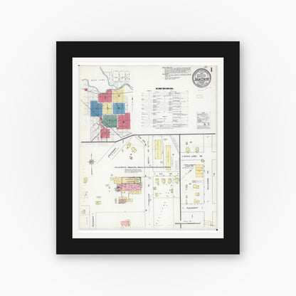 Old map wall art mockup — black gallery frame with white mat — Sanborn Fire Insurance Map from Sauk Centre, Stearns County, Minnesota (1909), Sheet #0001