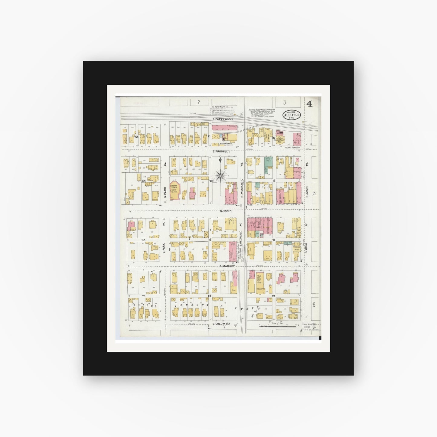 Old map wall art mockup — black gallery frame with white mat — Sanborn Fire Insurance Map from Alliance, Stark County, Ohio (1904), Sheet #0004