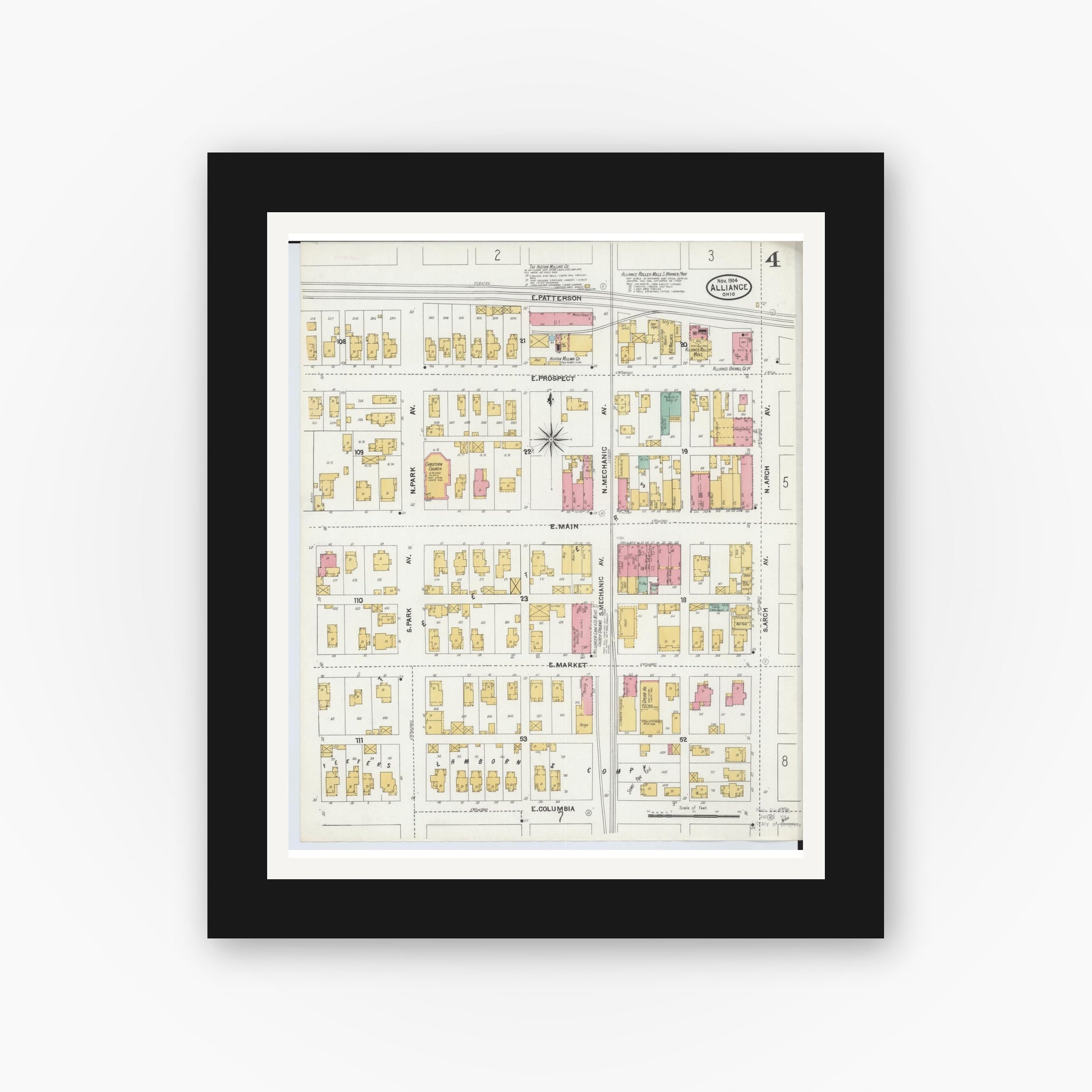 Old map wall art mockup — black gallery frame with white mat — Sanborn Fire Insurance Map from Alliance, Stark County, Ohio (1904), Sheet #0004