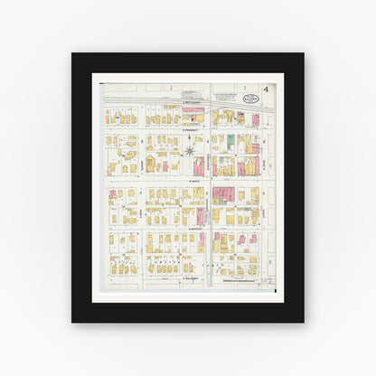 Old map wall art mockup — black gallery frame with white mat — Sanborn Fire Insurance Map from Alliance, Stark County, Ohio (1904), Sheet #0004