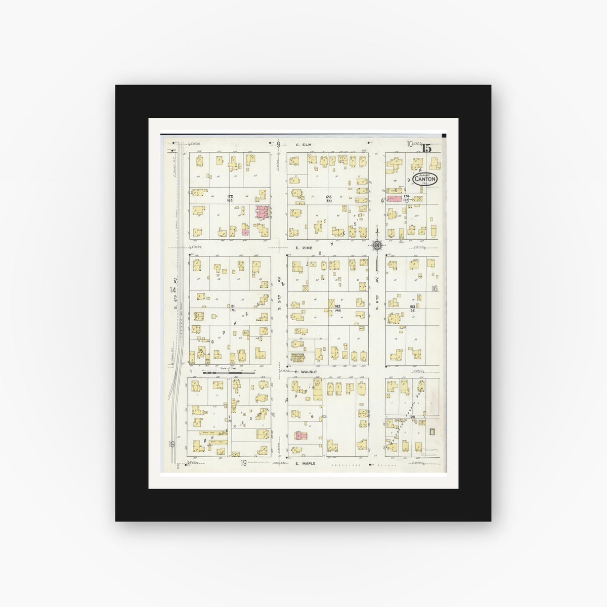 Old map wall art mockup — black gallery frame with white mat — Sanborn Fire Insurance Map from Canton, Fulton County, Illinois (1917), Sheet #0015