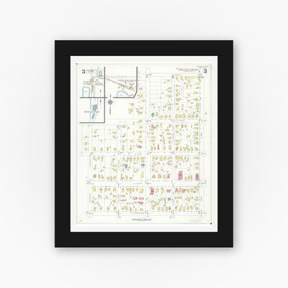 Old map wall art mockup — black gallery frame with white mat — Sanborn Fire Insurance Map from Tecumseh, Lenawee County, Michigan (1935), Sheet #0003