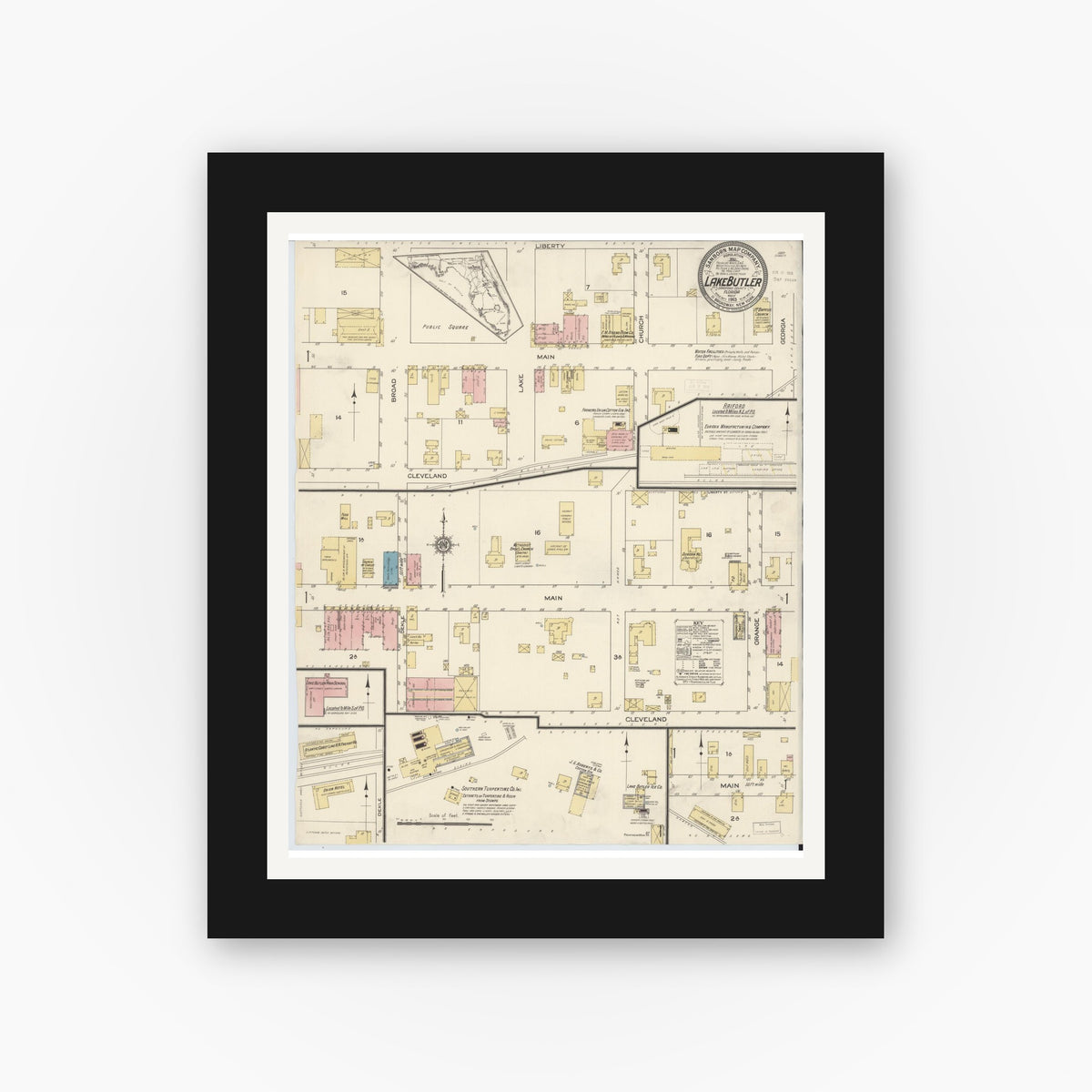Old map wall art mockup — black gallery frame with white mat — Sanborn Fire Insurance Map from Lake Butler, Union County, Florida (1913), Sheet #0001