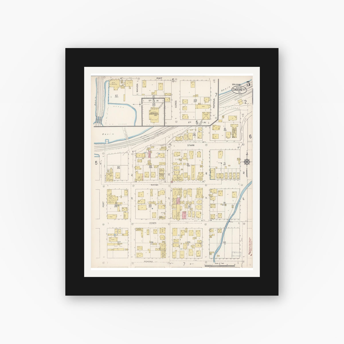 Old map wall art mockup — black gallery frame with white mat — Sanborn Fire Insurance Map from Crockett, Contra Costa County, California (1913), Sheet #0005