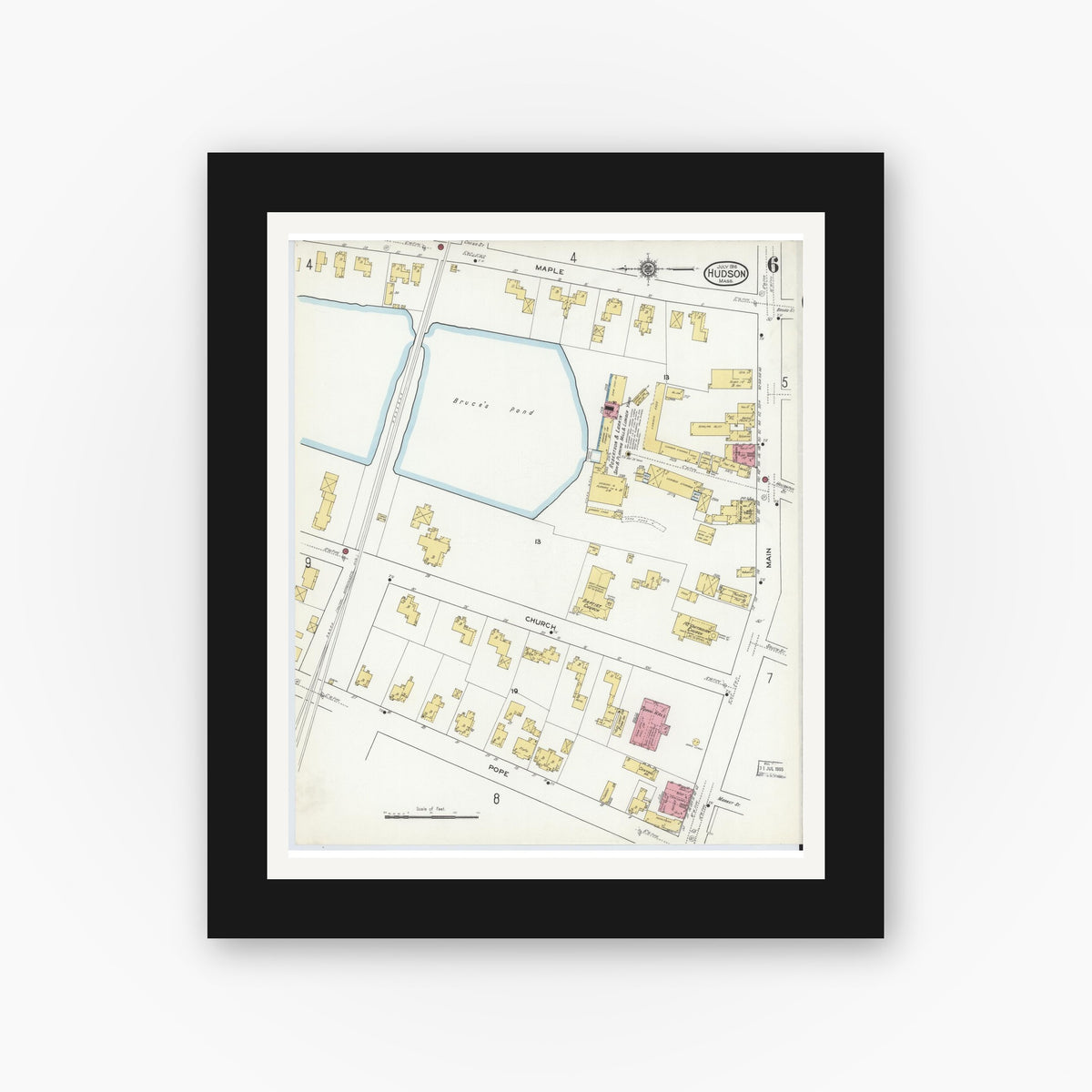 Old map wall art mockup — black gallery frame with white mat — Sanborn Fire Insurance Map from Hudson, Middlesex County, Massachusetts (1916), Sheet #0006