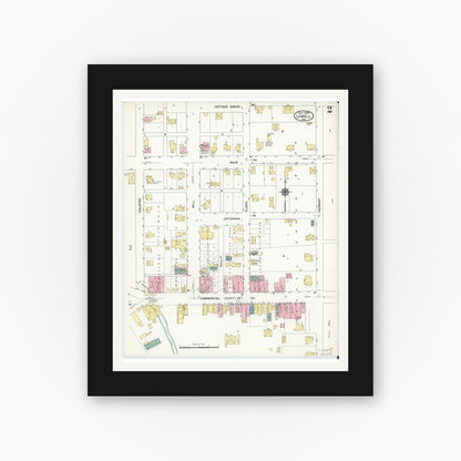Old map wall art mockup — black gallery frame with white mat — Sanborn Fire Insurance Map from Lowell, Lake County, Indiana (1909), Sheet #0002
